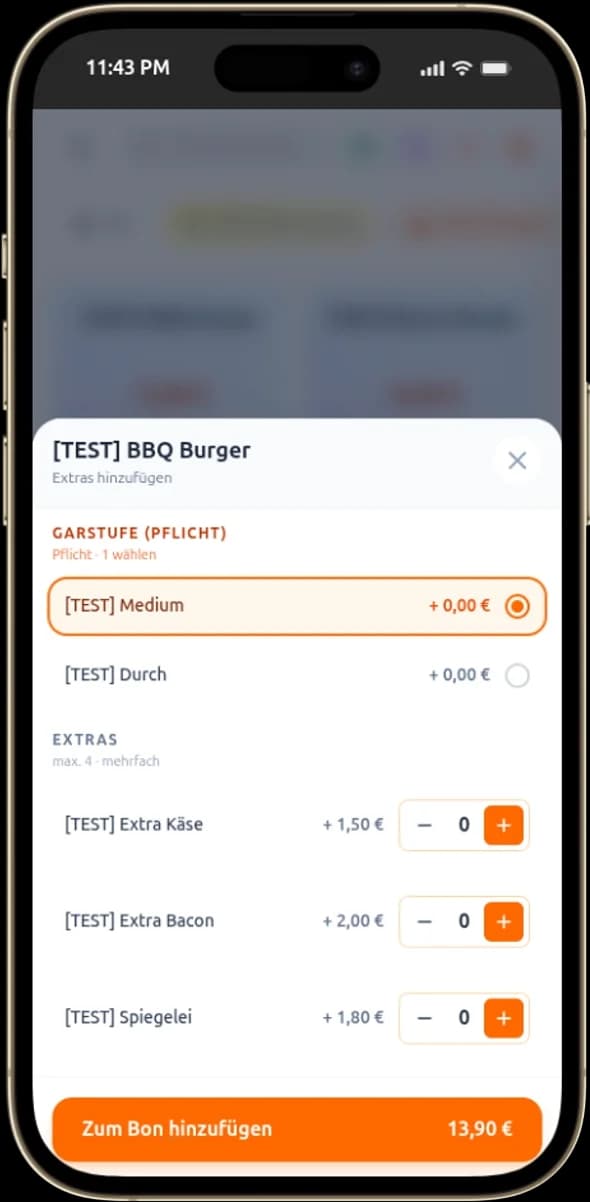 Extra-Auswahl auf dem iPhone — Burger mit Modifikatoren.