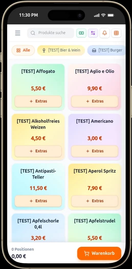 OrderPy Kasse auf dem iPhone — Produkte, Warenkorb und Kasse in einer App.