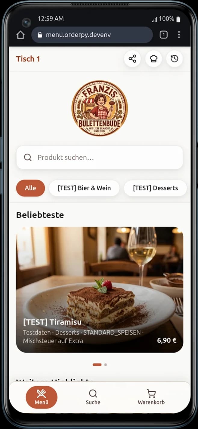 OrderPy Ordersystem auf dem Smartphone — Speisekarte und Highlights.